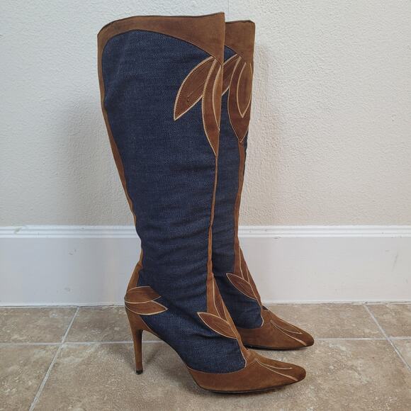Dolce & Gabbana Boots IT36.5 US6.5 Blue Denim Brown Suede Knee High Stiletto - Picture 1 of 16